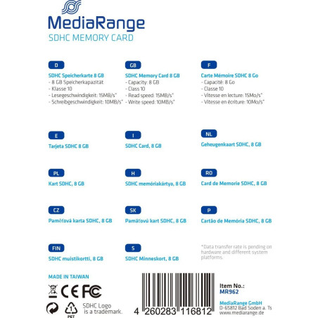 MEDIARANGE SCHEDA SD HC 8GB CLASSE 10 MR962