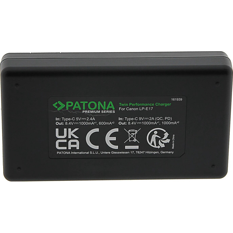 PATONA PREMIUM TWIN PERFORMANCE PD CHARGER FOR CANON LP-E17 EOS 750D 760D 8000D KISS X8I REBEL REBEL T6I INCL. USB-C CABLE