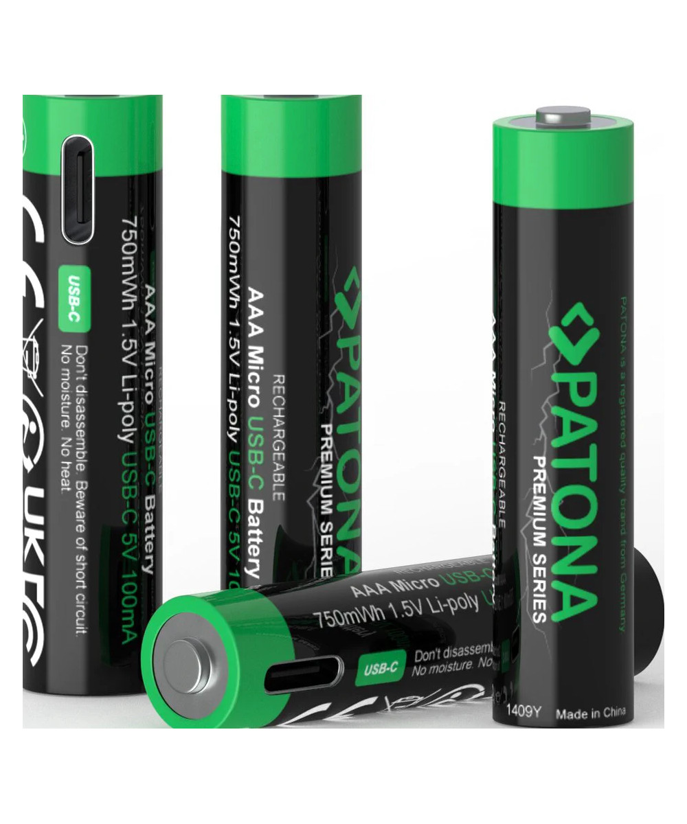 Premium 4X AAA Batterie Ricaricabili al Litio con porta USB-C 500mAh 1.5V con cavo incluso
