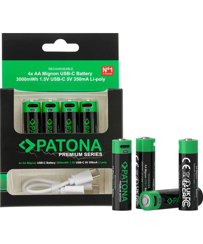 Premium 4X AA Batterie Ricaricabili al Litio con porta USB-C 2000mAh 1.5V con cavo incluso