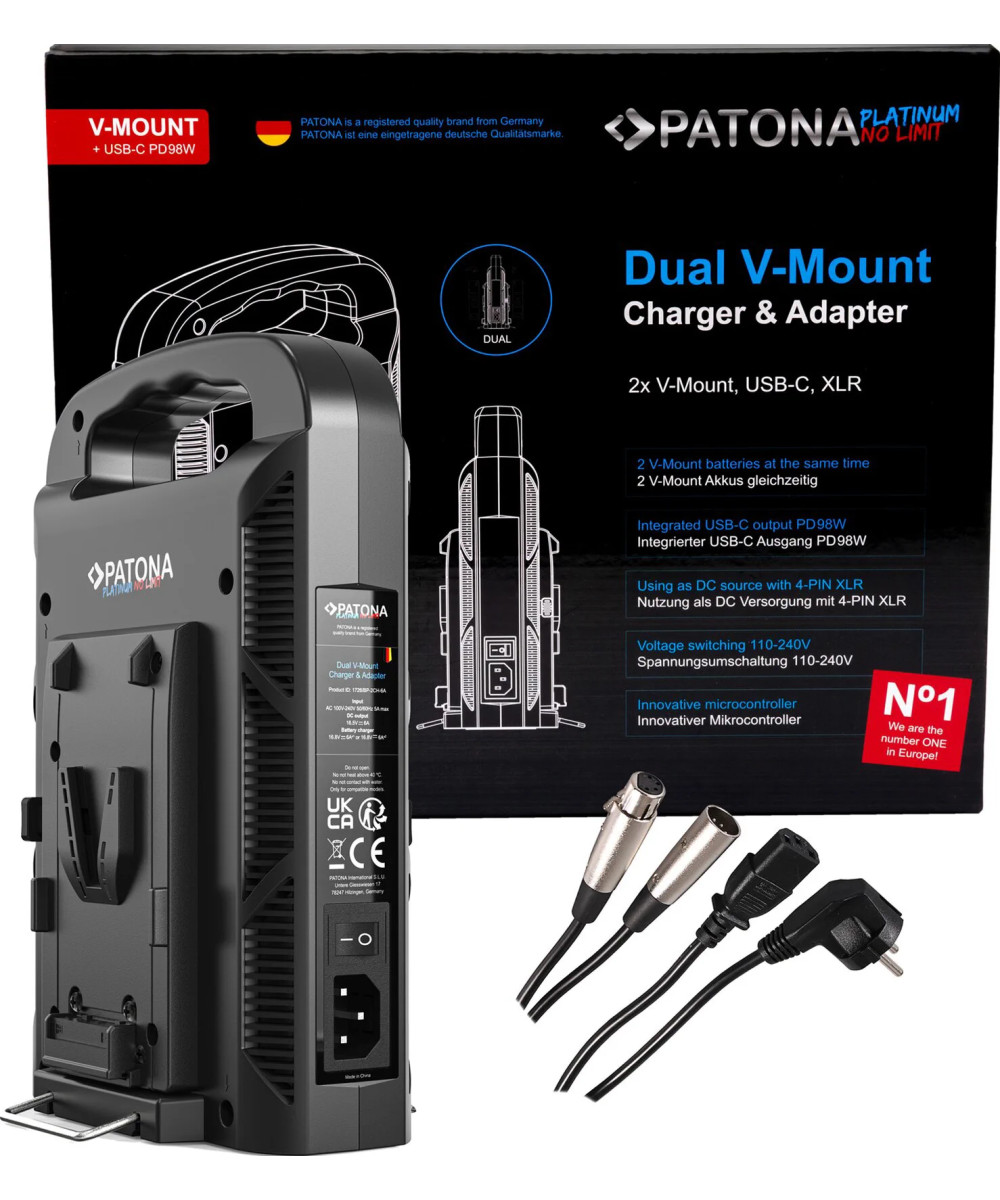 Caricabatterie Platinum a 2 canali per V-mount 6A*2 USB-C:PD100W out incluso cavo XLR a 4 pin