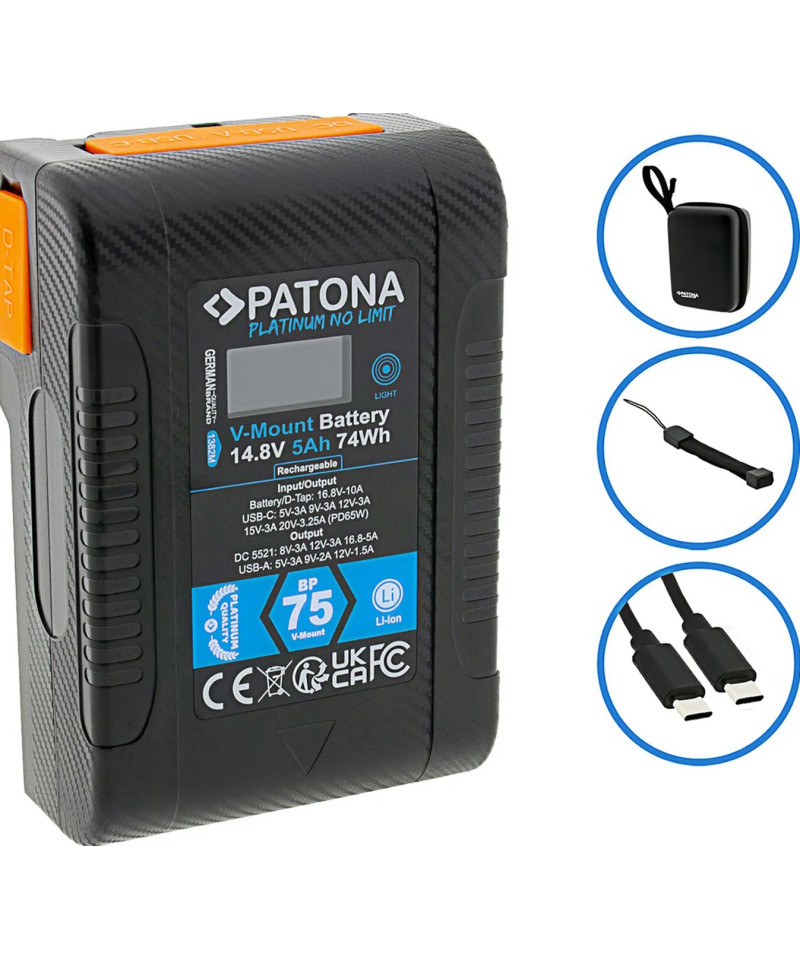 Batteria Platinum V-Mount BP-75W PD65 74Wh USB-C USB-A 2xD-Tap DC-out