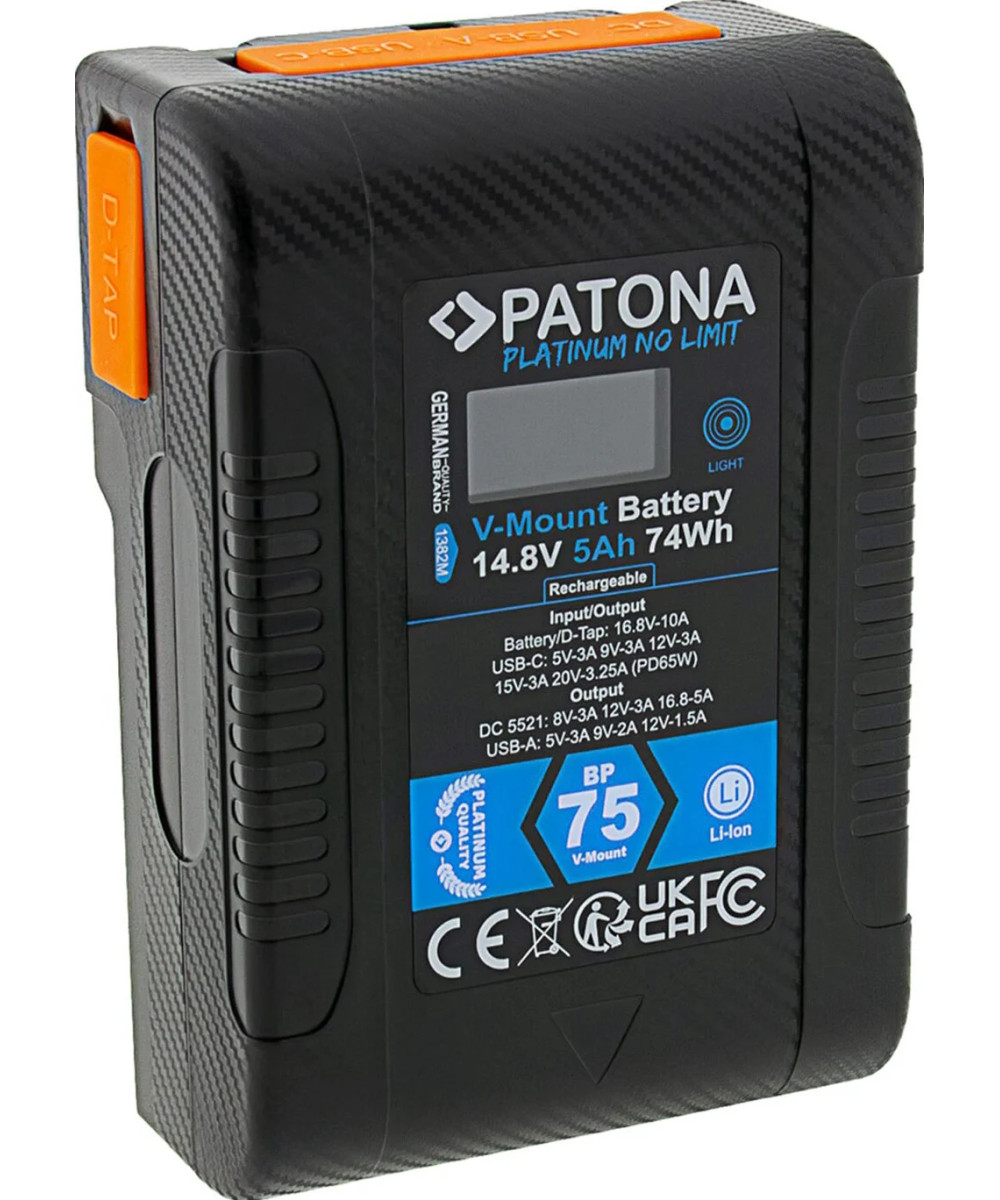 Batteria Platinum V-Mount BP-75W PD65 74Wh USB-C USB-A 2xD-Tap DC-out