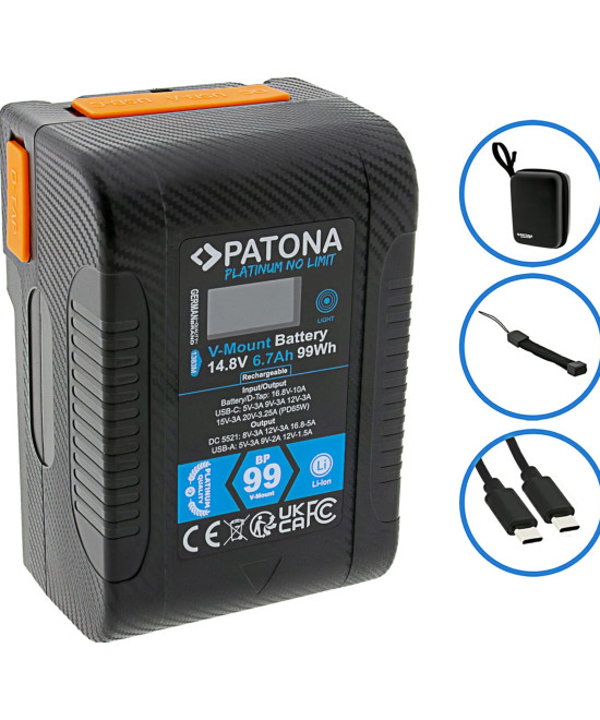 Platinum V-Mount Batteria BP-99W PD65 99Wh USB-C USB-A 2xD-Tap DC-out inclusa Custodia rigida