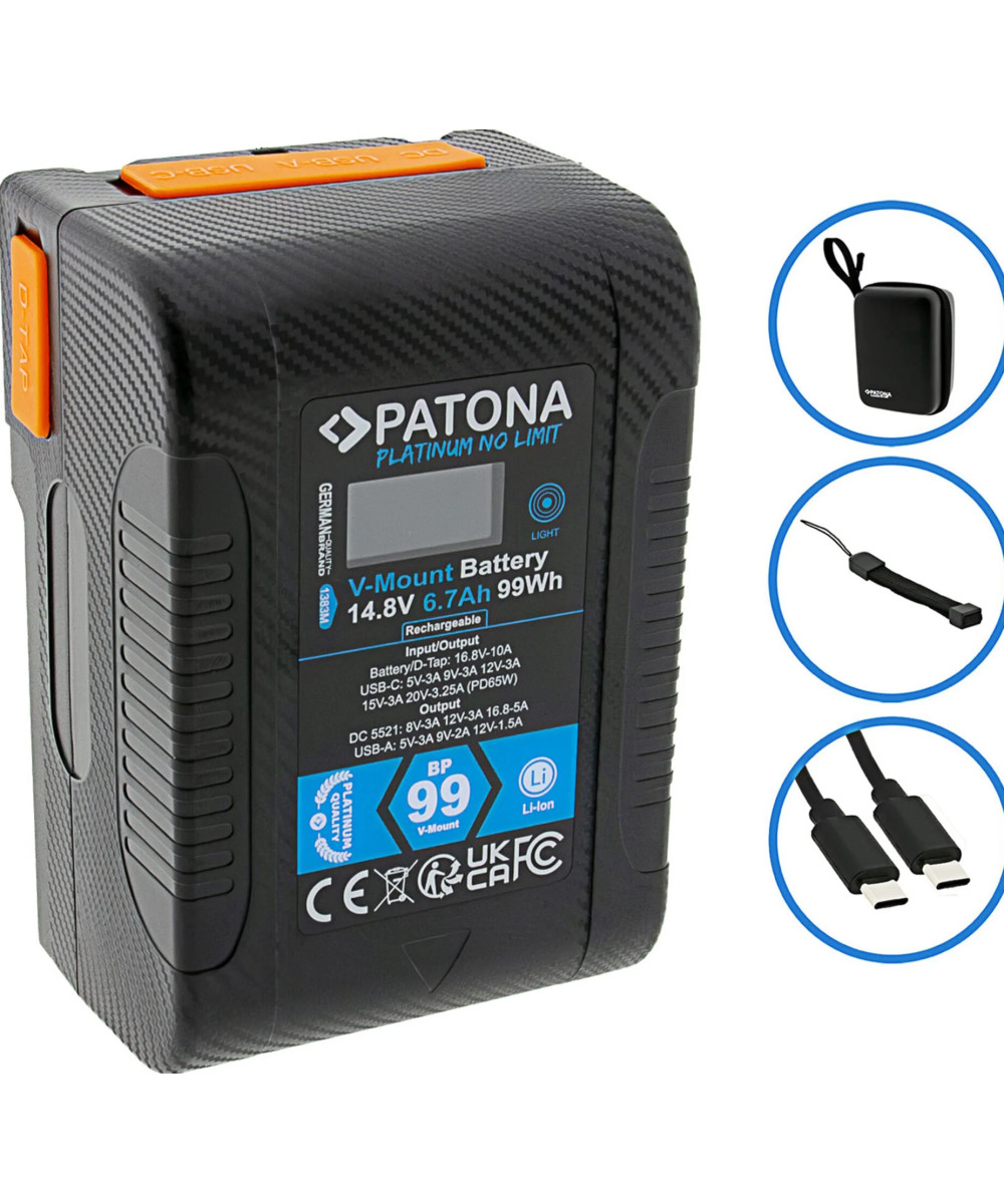 Platinum V-Mount Batteria BP-99W PD65 99Wh USB-C USB-A 2xD-Tap DC-out inclusa Custodia rigida