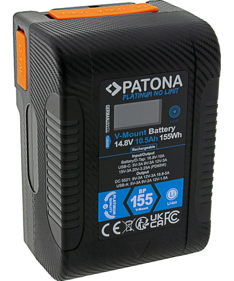 Platinum V-Mount Batteria BP-155W PD65 155Wh USB-C USB-A 2xD-Tap DC-out inclusa Custodia rigida