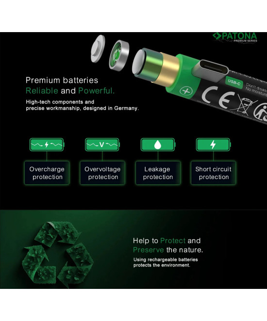 PREMIUM USB-C 4X CR123A RECHARGEABLE LITHIUM BATTERIES 2400MWH 3.0V RECHARGEABLE WITH 1 TO 2