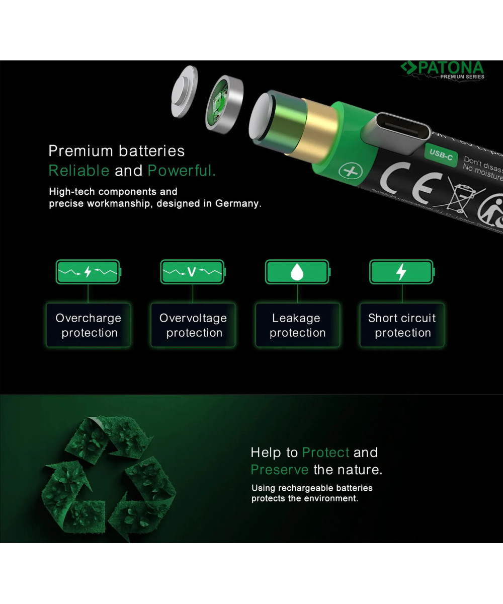 PREMIUM USB-C 2X LR14 BABY C BATTERIES LITHIUM 3450MWH 1.5V RECHARGEABLE WITH 1 TO 2 USB-C CH