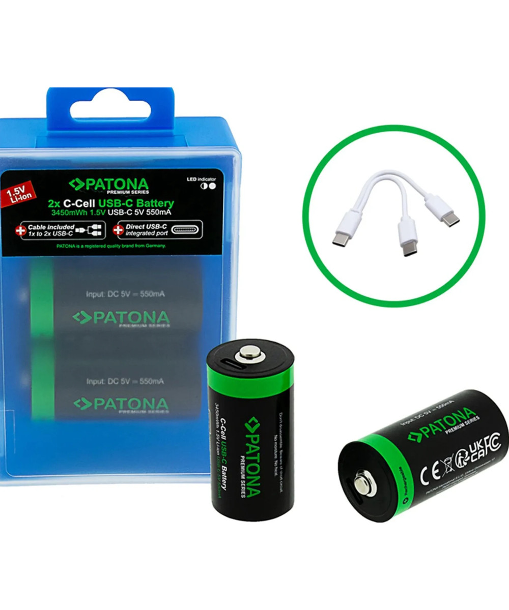 PREMIUM USB-C 2X LR14 BABY C BATTERIES LITHIUM 3450MWH 1.5V RECHARGEABLE WITH 1 TO 2 USB-C CH