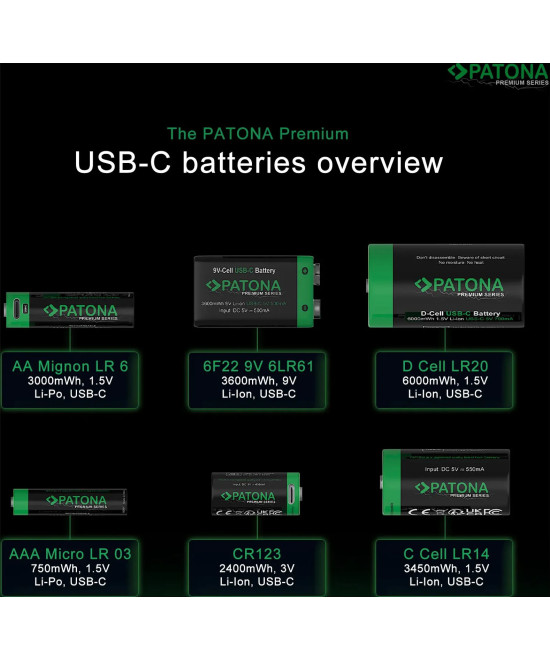 PREMIUM USB-C 2X LR14 BABY C BATTERIES LITHIUM 3450MWH 1.5V RECHARGEABLE WITH 1 TO 2 USB-C CH