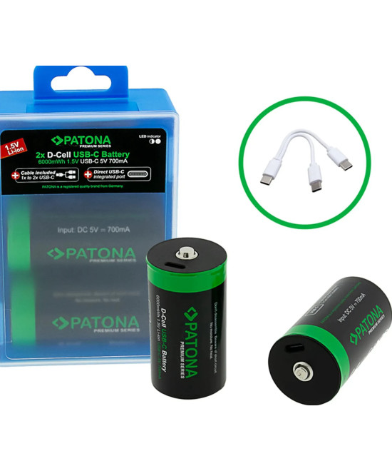 PREMIUM USB-C 2X LR20 MONO D BATTERIES LITHIUM 6000MWH 1.5V RECHARGEABLE WITH 1 TO 2 USB-C CH