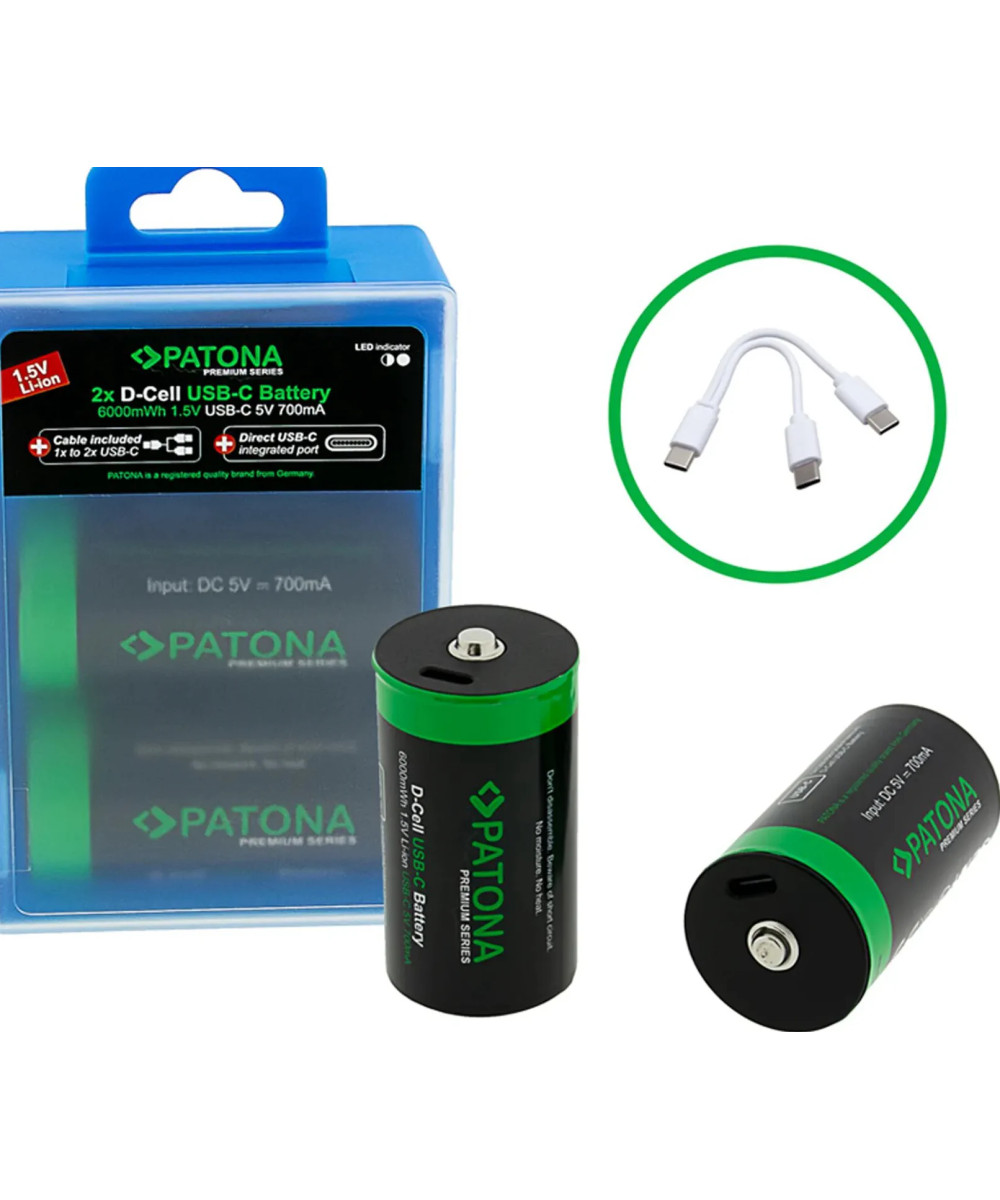 PREMIUM USB-C 2X LR20 MONO D BATTERIES LITHIUM 6000MWH 1.5V RECHARGEABLE WITH 1 TO 2 USB-C CH