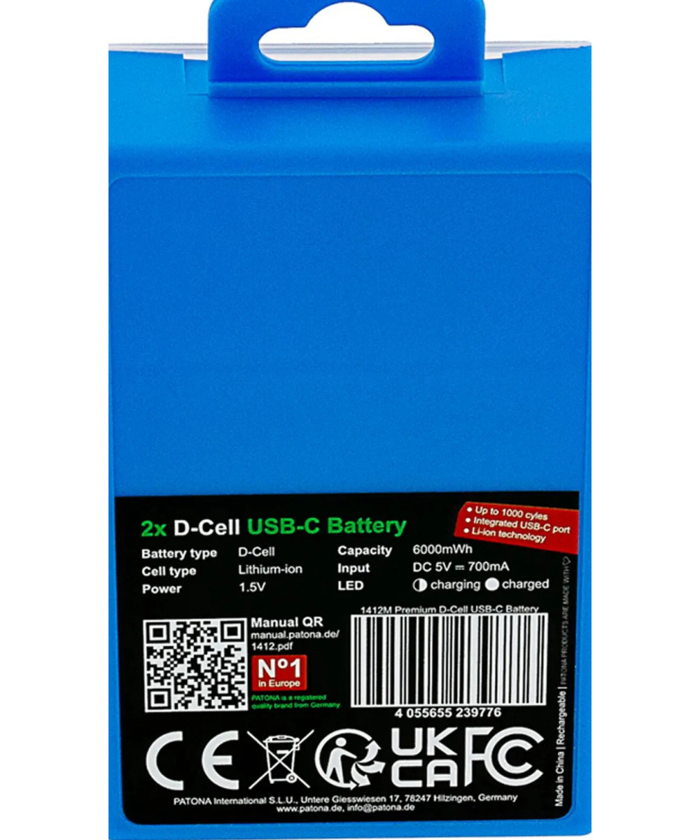 PREMIUM USB-C 2X LR20 MONO D BATTERIES LITHIUM 6000MWH 1.5V RECHARGEABLE WITH 1 TO 2 USB-C CH