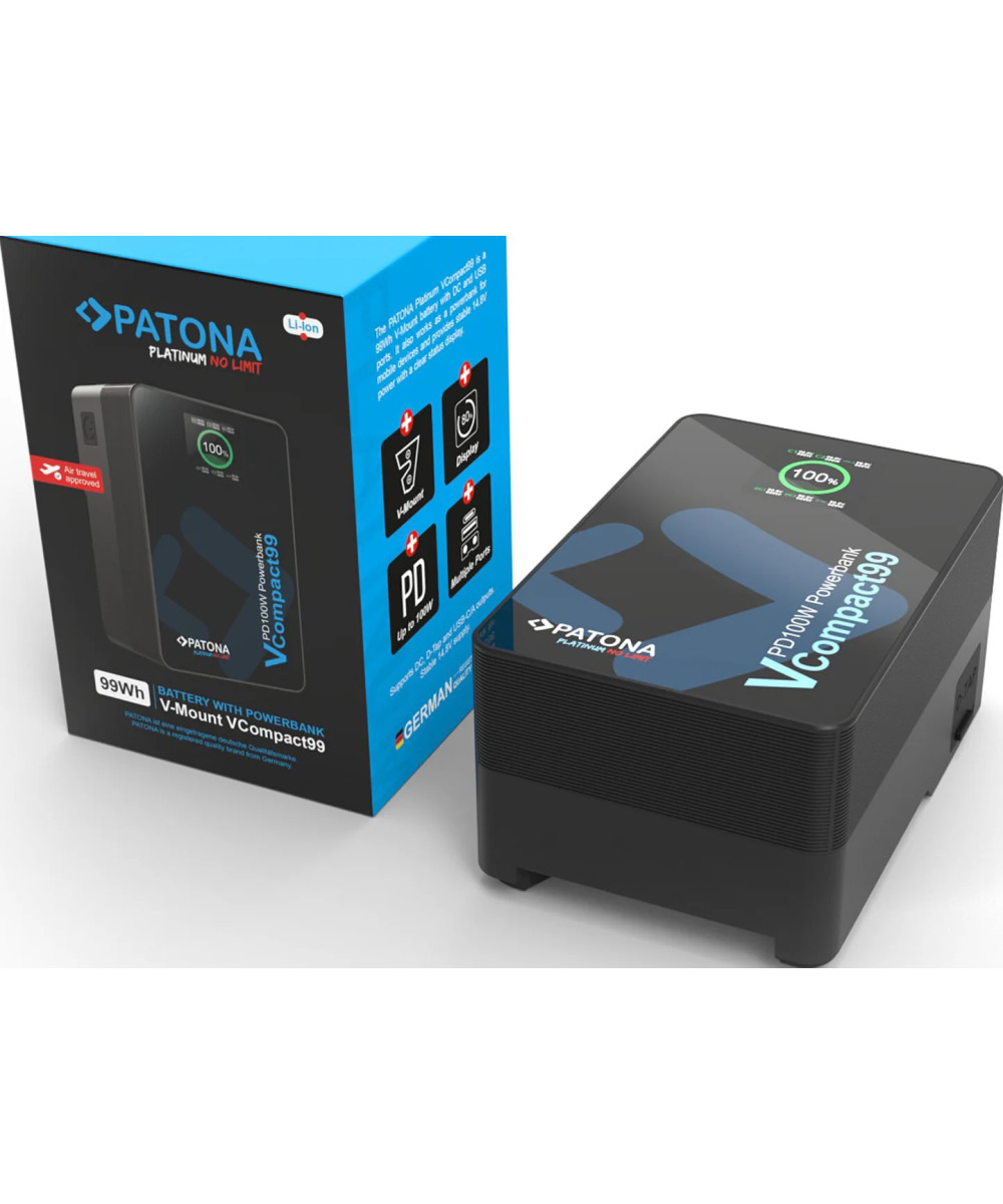 Platinum V-Mount VCompact99 99Wh 14.8V PD100W 2xUSB-C USB-A DC D-Tap inclusa custodia rigida