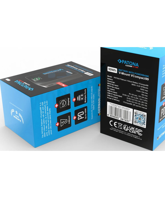 Platinum V-Mount VCompact99 99Wh 14.8V PD100W 2xUSB-C USB-A DC D-Tap inclusa custodia rigida