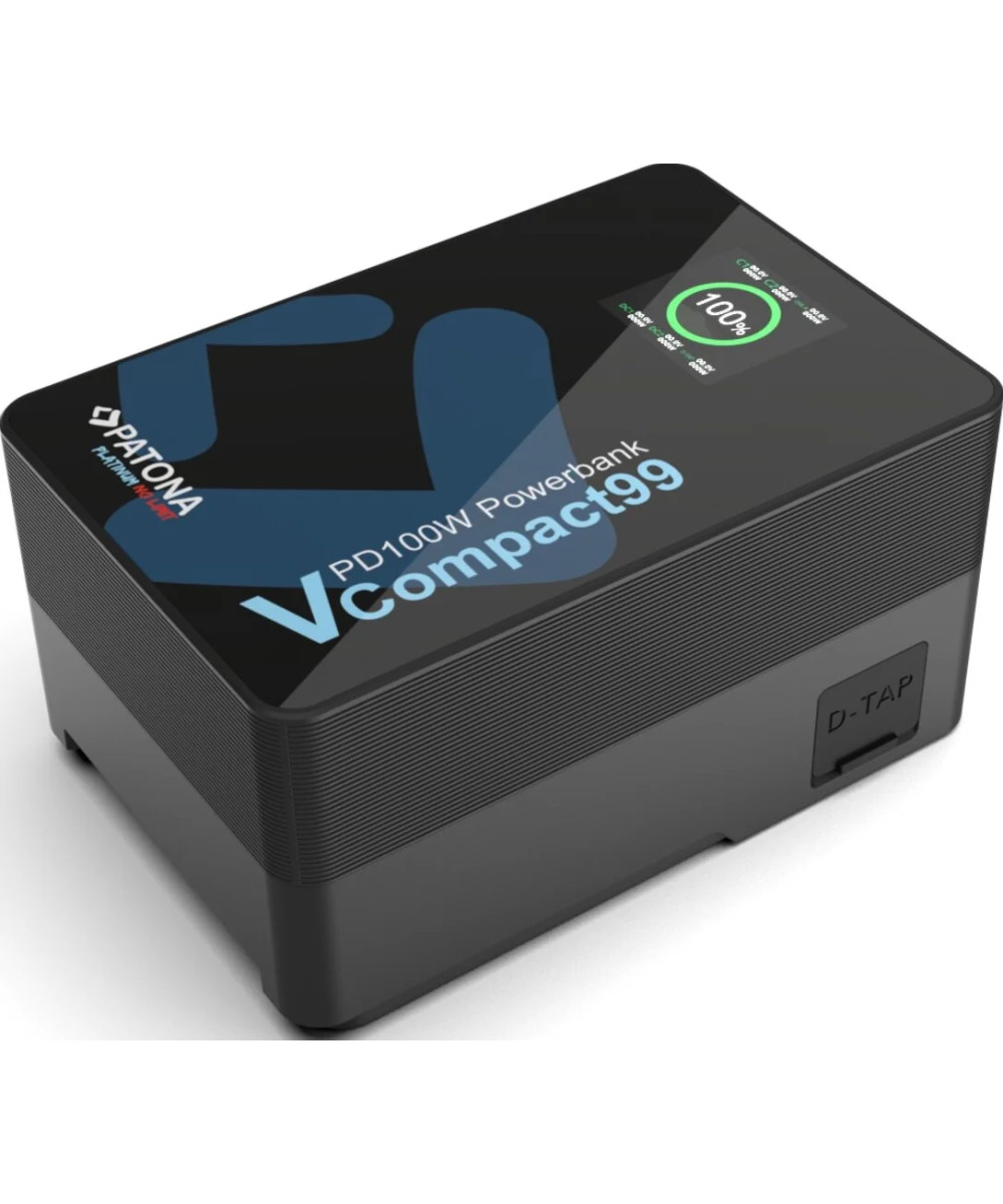 Platinum V-Mount VCompact99 99Wh 14.8V PD100W 2xUSB-C USB-A DC D-Tap inclusa custodia rigida