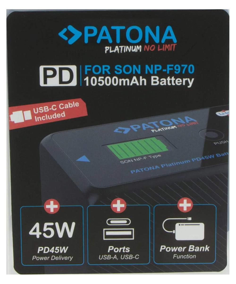 Platinum per Sony NP-F970 10500mAh PD45W 1xUSB-C 1xUSB-A inclusa custodia