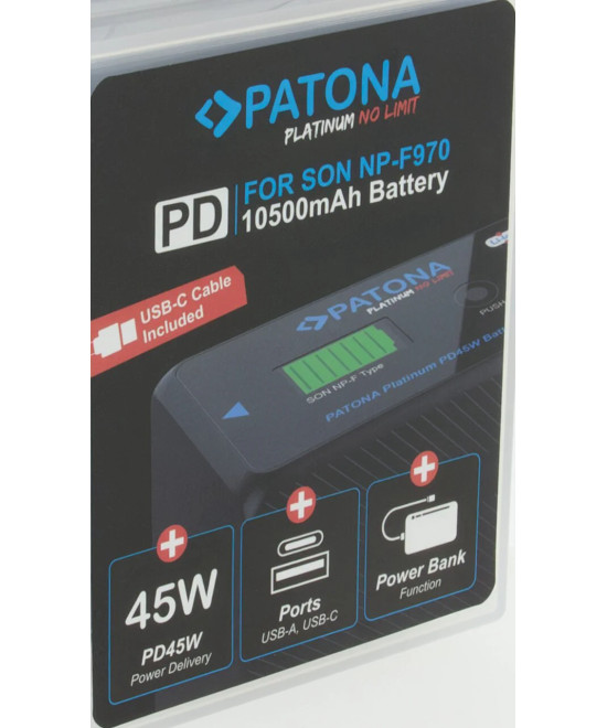 Platinum per Sony NP-F970 10500mAh PD45W 1xUSB-C 1xUSB-A inclusa custodia