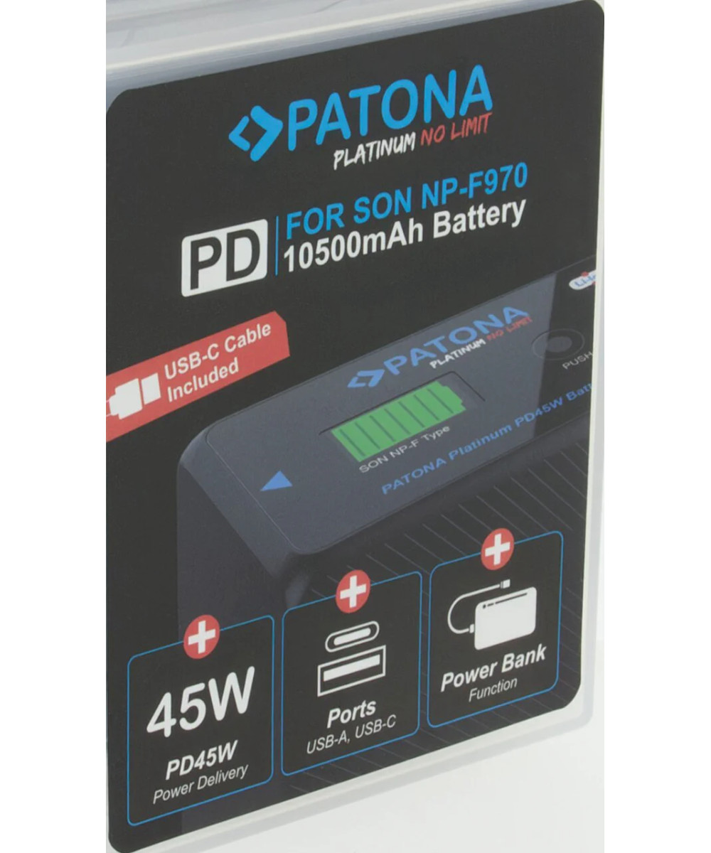 Platinum per Sony NP-F970 10500mAh PD45W 1xUSB-C 1xUSB-A inclusa custodia