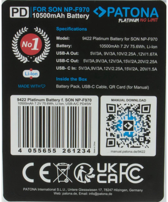Platinum per Sony NP-F970 10500mAh PD45W 1xUSB-C 1xUSB-A inclusa custodia