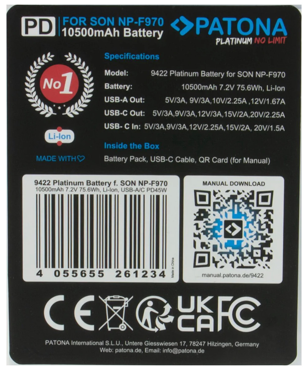 Platinum per Sony NP-F970 10500mAh PD45W 1xUSB-C 1xUSB-A inclusa custodia
