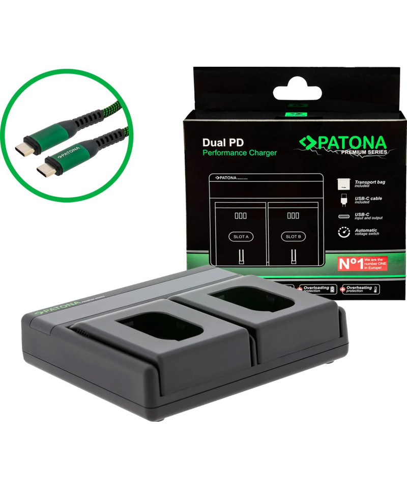 Caricabatteria Premium Dual PD Performance per Panasonic DMW-BLK22 con ingresso / uscita USB-C + cavo USB-C incluso