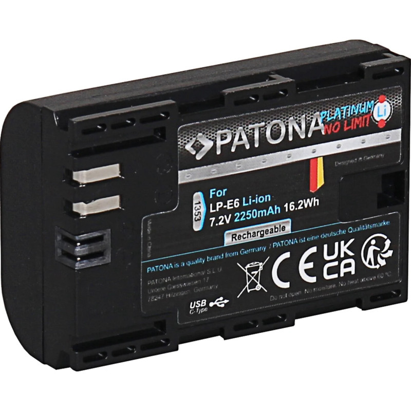 PATONA PLATINUM BATTERY WITH USB-C INPUT F. CANON LP-E6 LPE6 EOS 60D 70D 5D 6D 7D MARK III