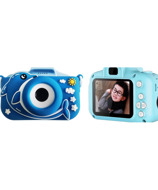 KIDS PHOTO CAMERA DIGITAL BUBBLE MICRO SD 2"IPS HD SCREEN BLUE + COVER DELFINO