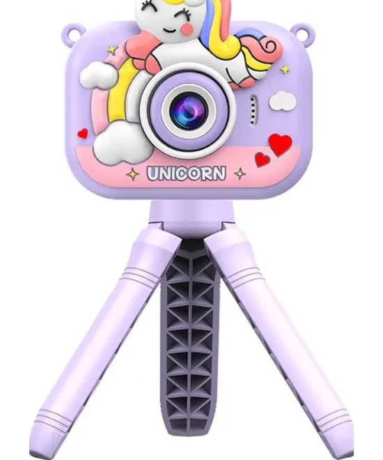KIDS PHOTO CAMERA DIGITAL BUBBLE MICRO SD 2"IPS HD SCREEN PURPLE + COVER UNICORN +TRIPOD