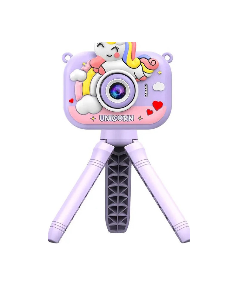 KIDS PHOTO CAMERA DIGITAL BUBBLE MICRO SD 2"IPS HD SCREEN PURPLE + COVER UNICORN +TRIPOD