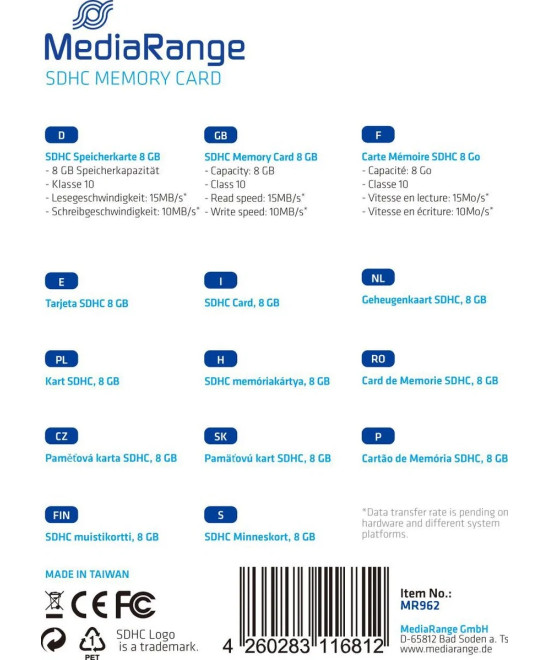 MediaRange MR962 8 GB SDHC Classe 10
