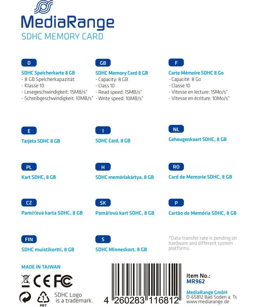 MediaRange MR962 8 GB SDHC Classe 10