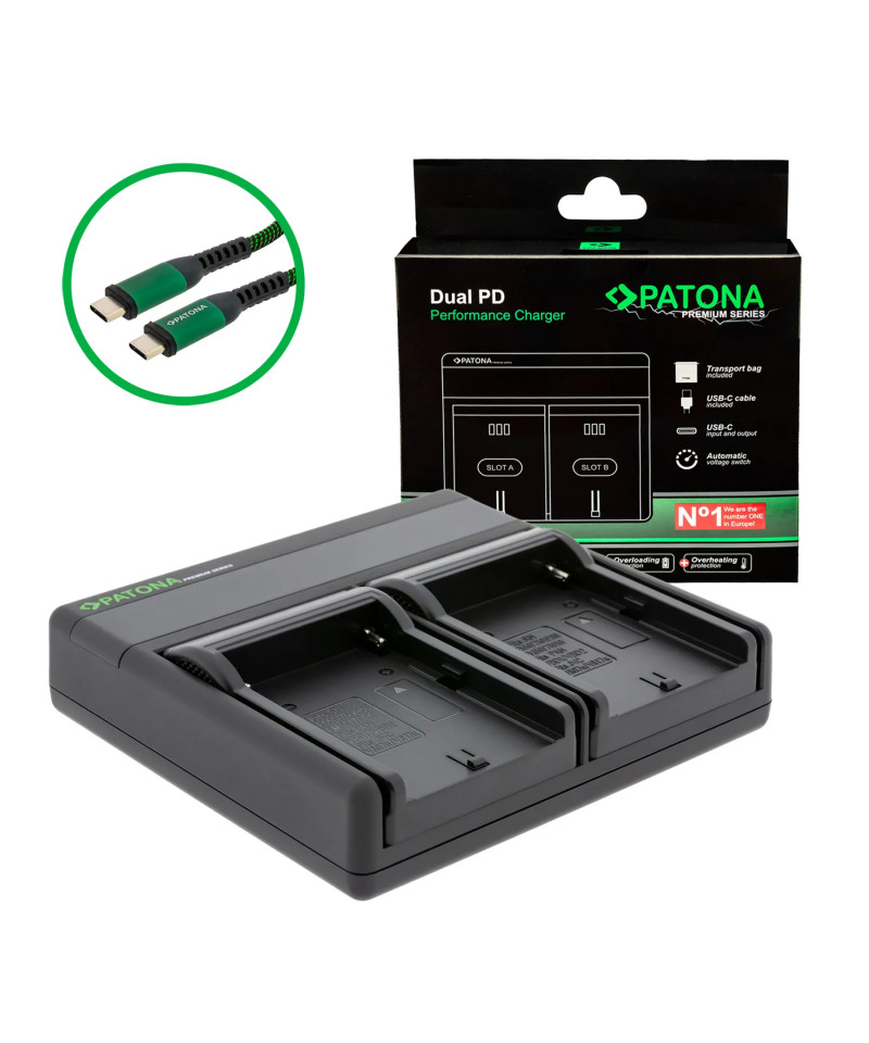 PREMIUM DUAL PD PERFORMANCE CHARGER FOR SONY NP-FM50 INCL. USB-C INPUT/OUTPUT