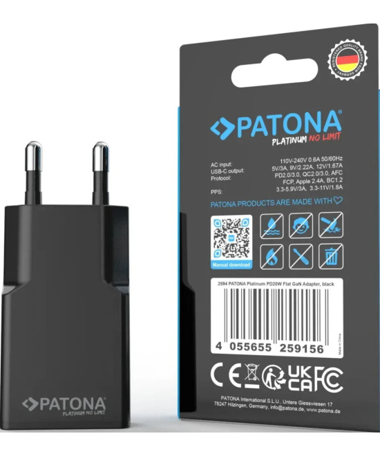 PLATINUM GAN PD20W FLAT ADAPTER BLACK 1X USB-C PD3.0 QC3.0