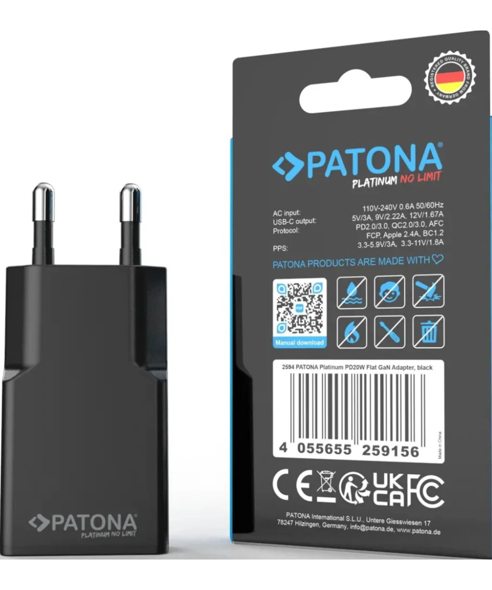 PLATINUM GAN PD20W FLAT ADAPTER BLACK 1X USB-C PD3.0 QC3.0
