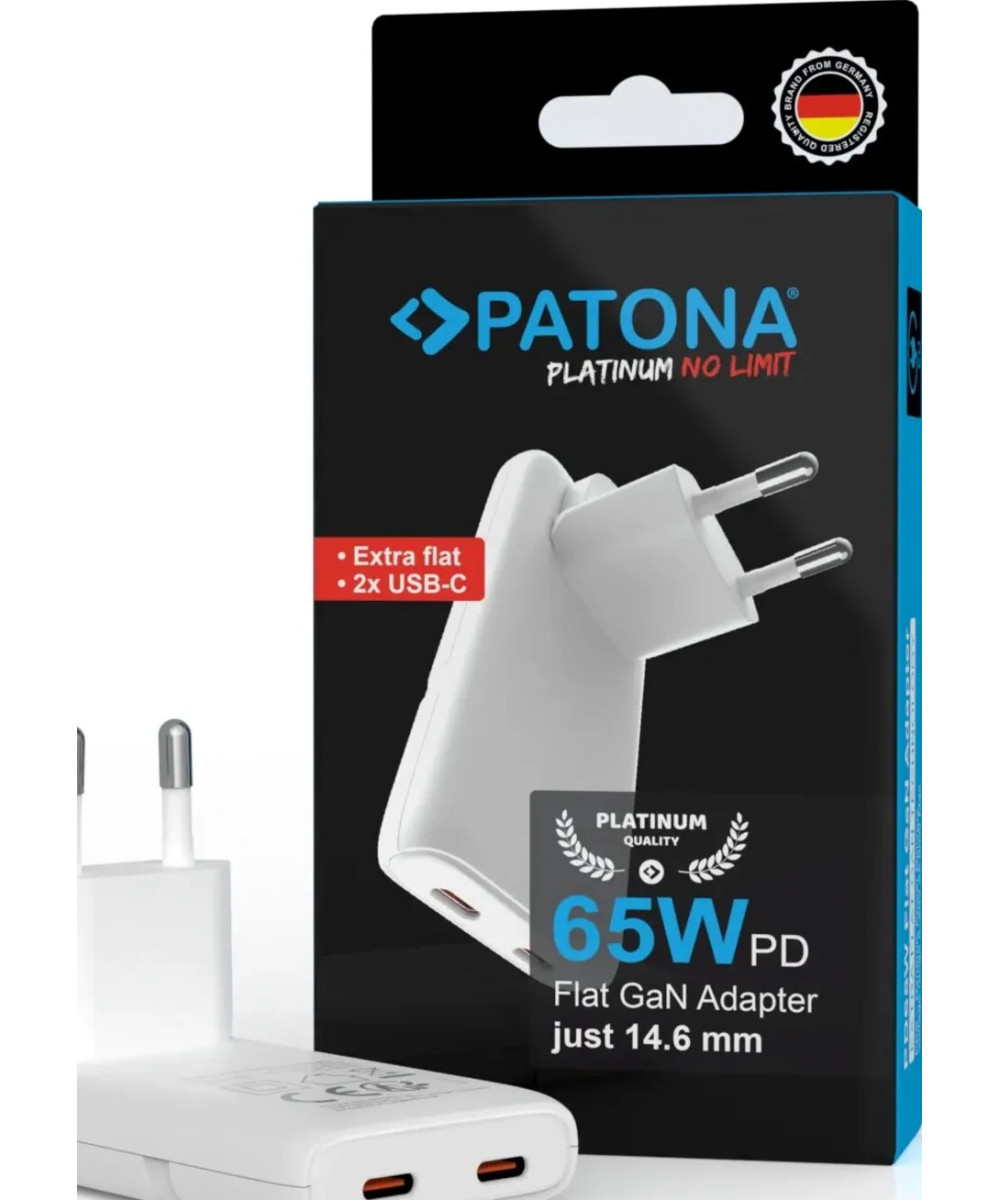 PLATINUM GAN PD65W FLAT ADAPTER WHITE 2X USB-C PD3.0 QC3.0