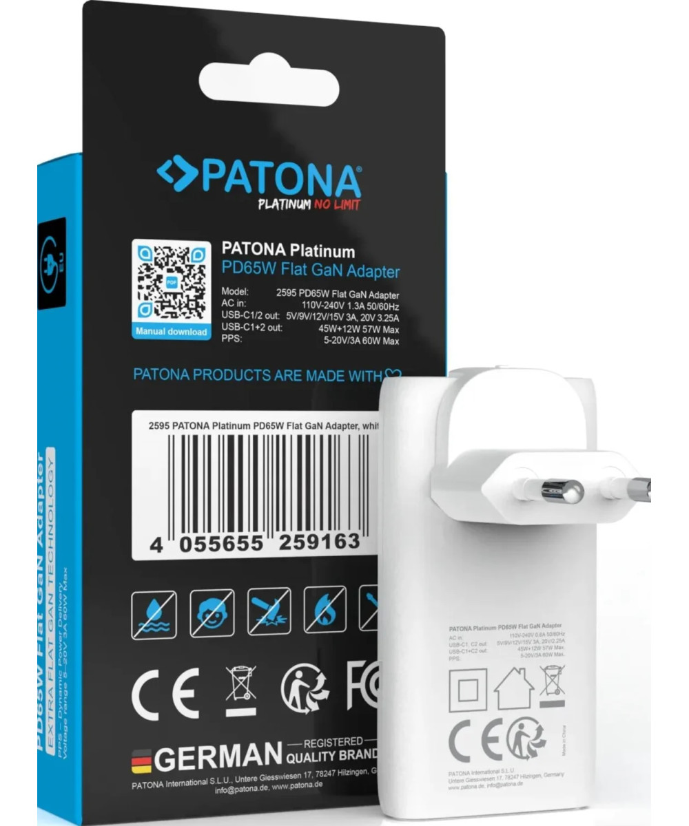 PLATINUM GAN PD65W FLAT ADAPTER WHITE 2X USB-C PD3.0 QC3.0