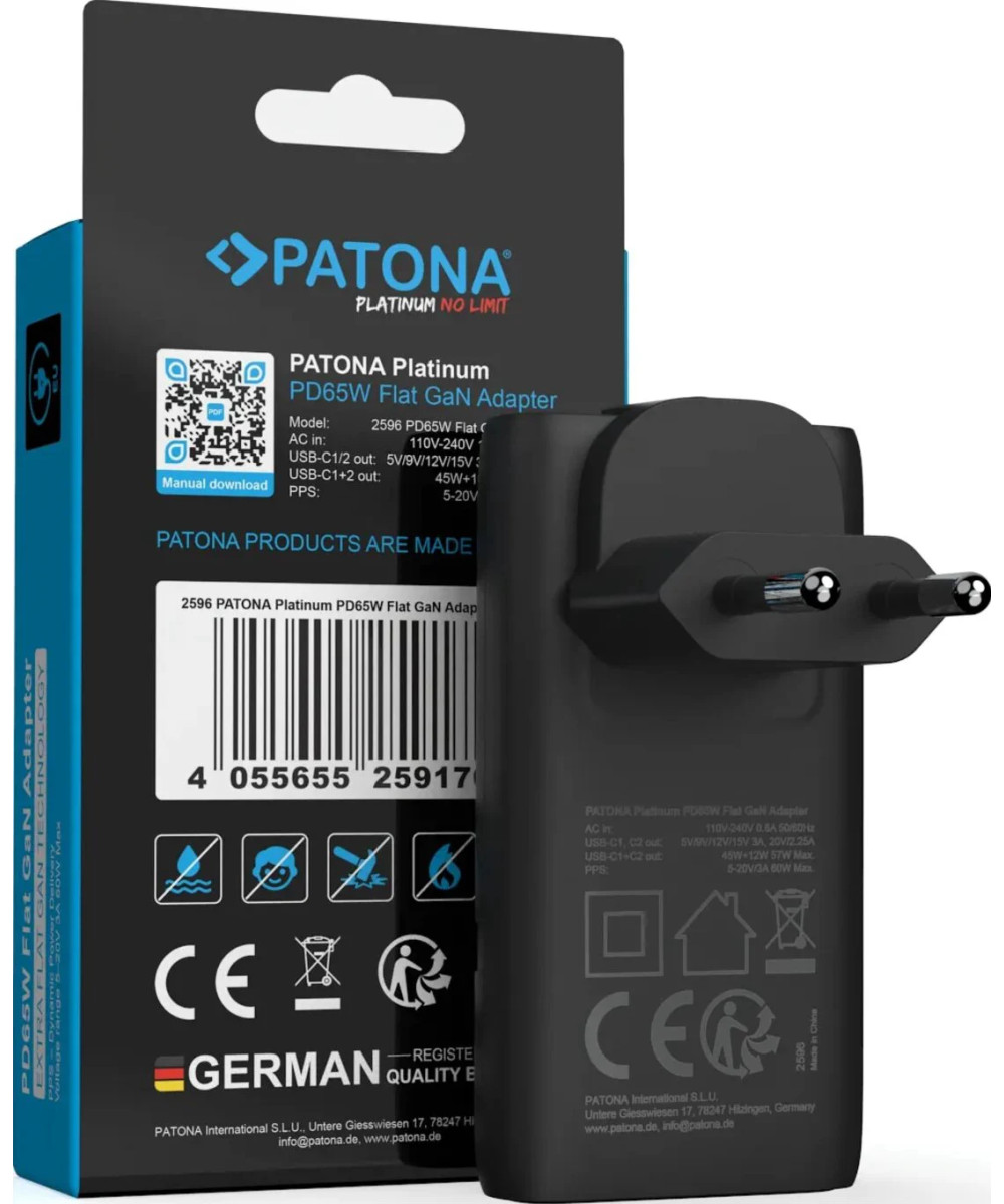 PLATINUM GAN PD65W FLAT ADAPTER BLACK 2X USB-C PD3.0 QC3.0