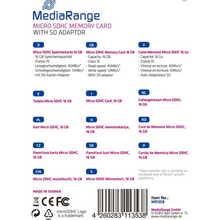 MediaRange MR958 memoria flash 16 GB MicroSDHC Classe 10